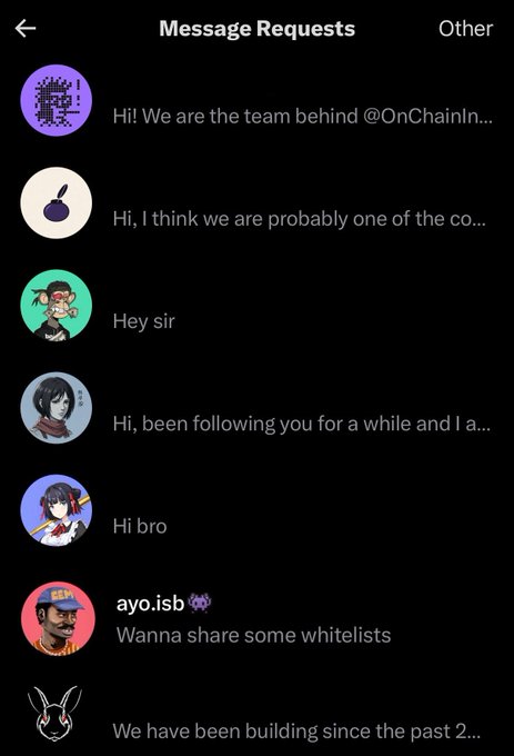 A smartphone screenshot showing a "Message Requests" inbox with multiple DM previews from crypto accounts, including one from "@OnChainIn..." and another from "ayo.isb" asking to "share some whitelists," illustrating the influx of project pitches and partnership opportunities the user receives after discussing trending topics in crypto Twitter.