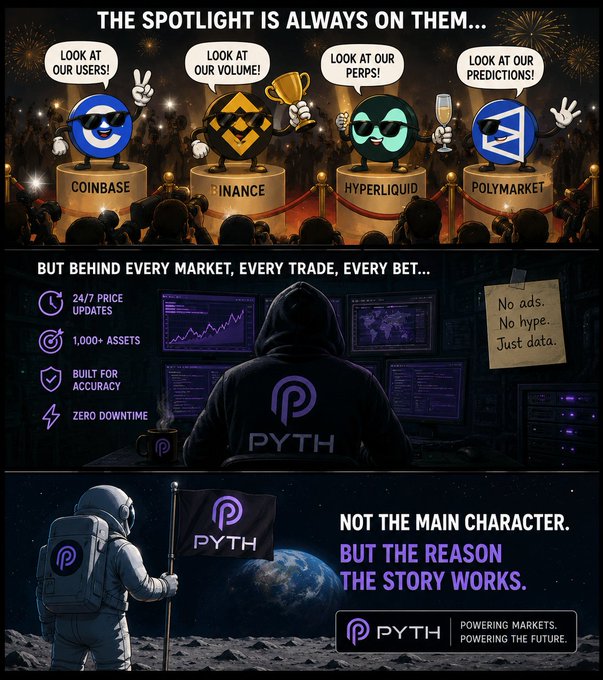The image features a cartoon depiction of an astronaut holding a flag with "Pyth" written on it, surrounded by various logos for different cryptocurrency exchanges such as Coinbase, Binance, Hyperliquid, and Polymarket. The caption below the image reads "Coinbase: Look at our users." Binance: "Look at our volume." Hyperliquid: "Look at our perps." And PYTH: "Cool. I'll keep the data running."