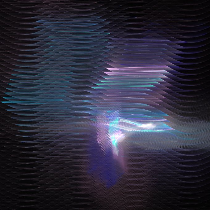 The image features a black background with a repeating pattern of blue lines, creating an abstract design that appears to be floating or shimmering due to its gradient effect. The image also contains text elements such as "Good Morning Have a great Saturday" and "Minted Many thanks to @cyberocelot29 - @GummyLSD - @takacsmark - @lukas_trips - @tokioflo (x5) - Stampfigang - xtz - 32 hrs remain". The design elements seem to be floating or shimmering, adding a sense of depth and movement to the image.