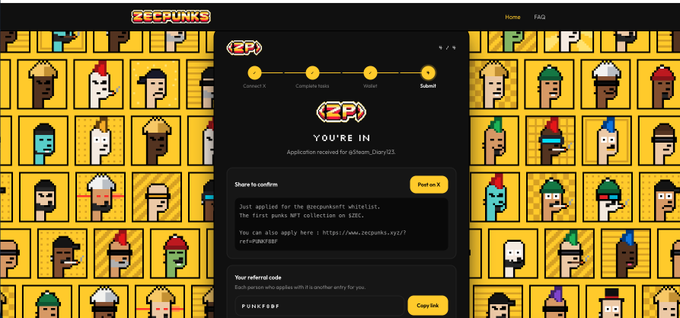 Screenshot of the ZeePunks NFT project website showing pixel art character avatars and a confirmation message: "YOU'RE IN - Application received for @Shawn_Diary123" with instructions for joining the whitelist.