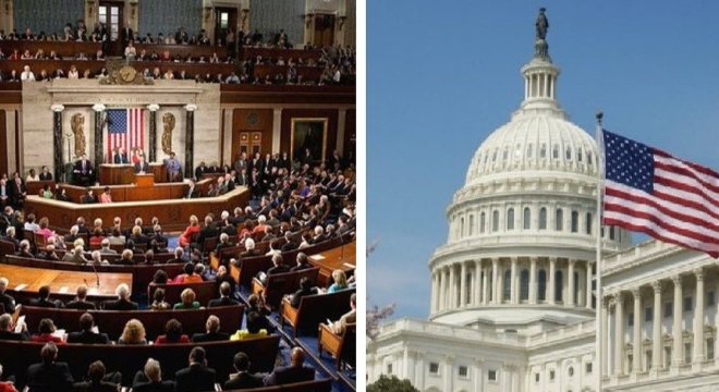 The image is a split composition showing the interior of the U.S. House of Representatives chamber on the left and the U.S. Capitol building dome with an American flag on the right, visually representing the legislative process and government institutions involved in the bipartisan CLARITY Act negotiations. Together, the imagery symbolizes the congressional deliberation and executive review stages mentioned in the post as the legislation moves toward its final form.