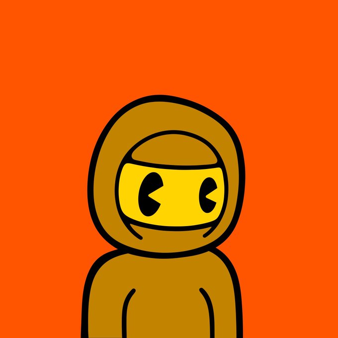 A cartoon-style illustration of a smiling figure in a brown hoodie with pac-man-like eyes, set against a solid orange background.