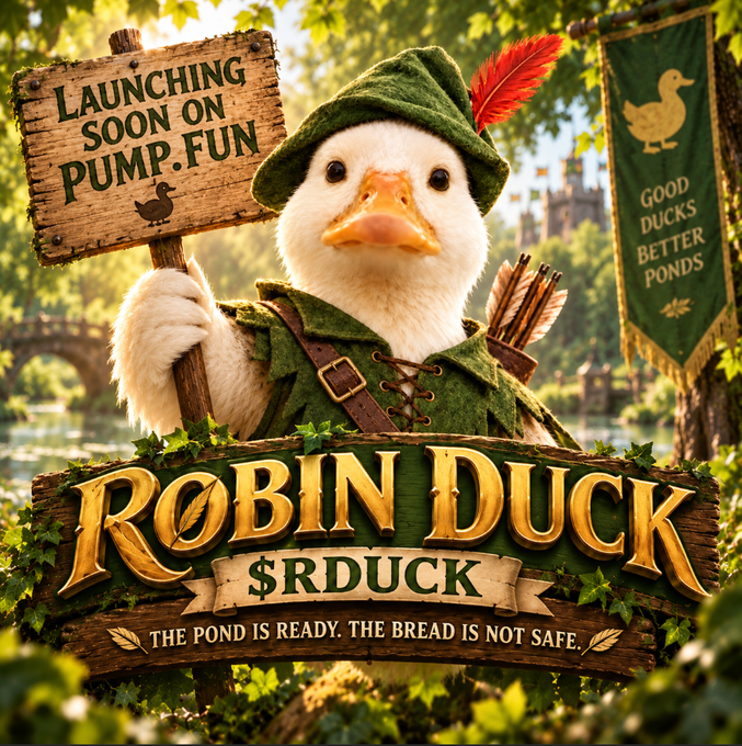 A promotional image for '$RDUCK' featuring a duck dressed as Robin Hood holding a 'LAUNCHING SOON ON PUMP.FUN' sign, with the tagline 'The Pond is Ready. The Bread is Not Safe.'