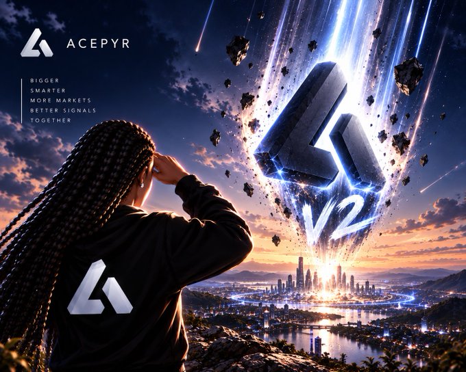 A promotional graphic for ACEPYR displays a futuristic cityscape with a large glowing 'V2' logo crashing down from the sky, alongside the tagline 'BIGGER SMARTER MORE MARKETS BETTER SIGNALS TOGETHER'.