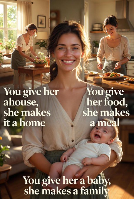 The image features a collage of photos, including one with a woman holding a baby and another with a woman cooking food. The text "You give her an house, she makes it a home" is present in multiple instances throughout the images. This suggests that the woman depicted in these photos is involved in both domestic tasks (cooking) and nurturing care for a child (holding them).