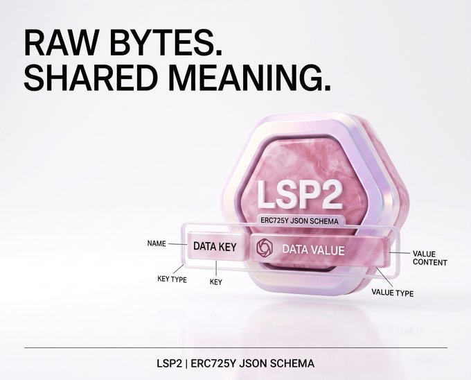 The image displays the tagline "RAW BYTES. SHARED MEANING." alongside a hexagonal LSP2 (ERC725Y JSON Schema) diagram that visually breaks down the structure of a data key and data value, showing components like name, key type, key, value type, and value content.

This graphic directly illustrates the accompanying post's message by showing how LSP2 transforms raw smart contract data bytes into a standardized, interpretable format with clearly defined key-value structures that applications can consistently read and write.