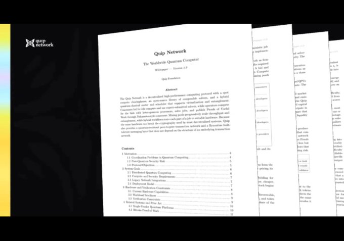 A white paper document titled "Quip Network - The Worldwide Quattuor Computer" with a "quip network" logo in the top left corner is displayed against a dark background alongside other blurred document pages.
