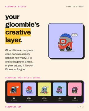 A promotional graphic from 'Gloomble Studio' titled 'your gloomble's creative layer' describing on-chain canvas art, showing six example Gloomble characters (#4, #664, #215, #1, #7).