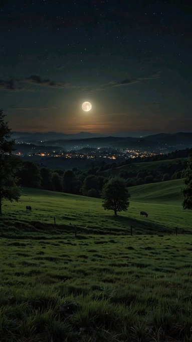 A nighttime landscape showing a glowing full moon over distant city lights, with silhouettes of trees and animals grazing in a green meadow below.