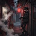 A low-resolution animated scene showing a person wearing a mask walking through a hazy, neon-lit futuristic corridor or alleyway.