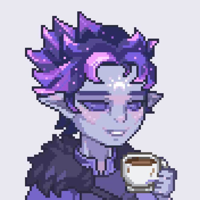 A pixel art portrait of a purple-skinned character with spiky magenta-purple hair, closed eyes, and freckles, holding a cup of coffee against a gray background.