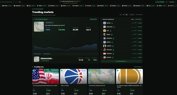 A dark-themed prediction market platform called Kalshi displaying 'Trending markets' with SIR/JUNE highlighted showing a 59% drop and various trending geopolitics markets involving the US, Iran, Spain, and Serbia.