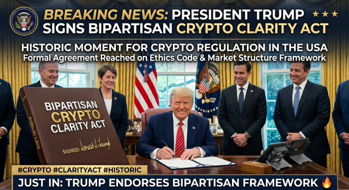 The image shows a breaking news graphic depicting President Trump seated at the Oval Office desk signing a large binder labeled "BIPARTISAN CRYPTO CLARITY ACT," flanked by officials with headlines announcing his endorsement of the framework and the formation of an ethics code and market structure agreement—visually reinforcing the post's claim of Trump's bipartisan support for the Crypto Clarity Act's ethics provisions.
