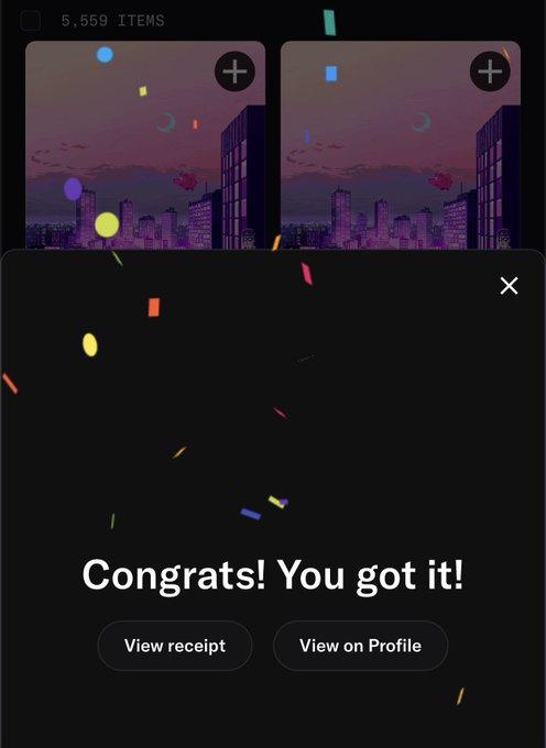 A mobile app screen showing 'Congrats! You got it!' with confetti animation, displaying '5,559 ITEMS' and buttons for 'View receipt' and 'View on Profile'.