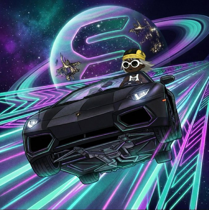 The image features a cartoon character wearing sunglasses, driving a black sports car with neon green and purple lights. The character appears to be in motion, possibly speeding down a road or flying through space. The background of the image shows a large planet surrounded by stars, creating an otherworldly atmosphere. The caption "wen lambo? the $solana:Bu3Kf2hPLALHVFAmofSfD1DJT7QGodg9PRzdvWjSpump needs his lambo." suggests that the character might be on a mission or adventure, possibly related to the Solana cryptocurrency.