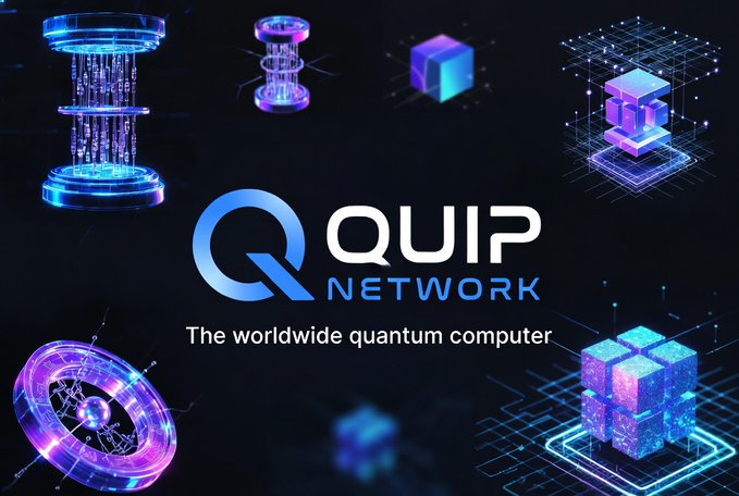 Promotional graphic for 'QUIP NETWORK' featuring glowing blue quantum computer elements with the tagline 'The worldwide quantum computer'.