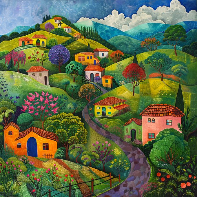 A vibrant, colorful folk-art style painting depicting a lush countryside landscape with rolling hills, colorful houses with red roofs, blooming trees, and a winding stone path.