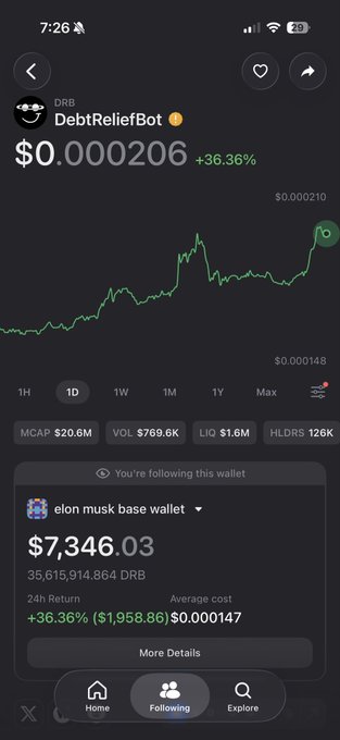 A mobile screenshot of a cryptocurrency tracking app showing the DRB (DebtReliefBot) token at $0.000206 with a +36.36% gain, displaying a green price chart and noting that the Elon Musk base wallet holds 35,615,914.864 DRB.