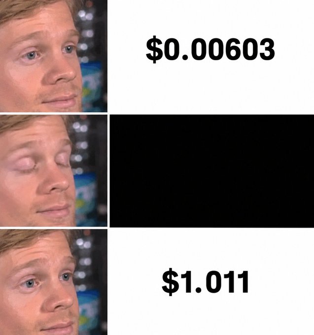 The image is a three-panel meme featuring a man with his eyes closed in the middle panel (indicating disbelief or waiting) between two panels showing his reaction to numbers: "$0.00603" at the top and "$1.011" at the bottom, illustrating a dramatic price increase that aligns with the post's message about "$PENGU" undergoing a brutal repricing to higher values.