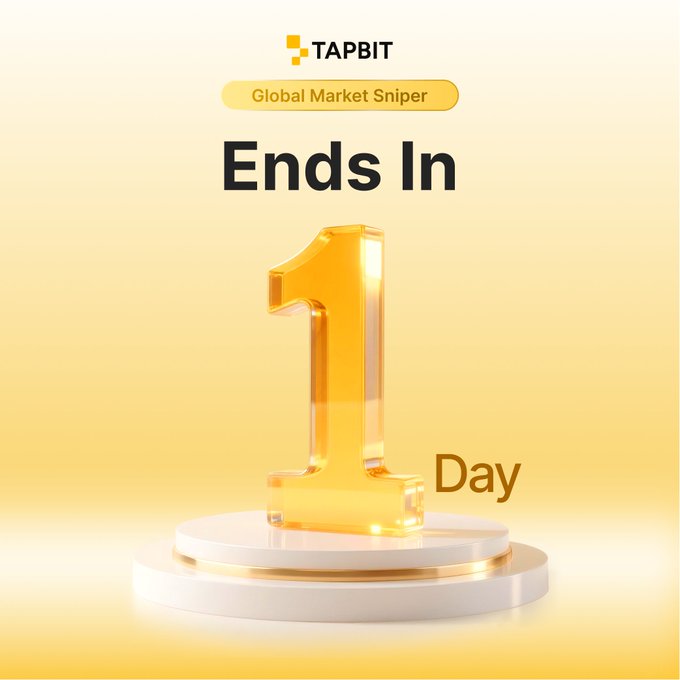 A yellow promotional graphic for 'TAPBIT Global Market Sniper' displays a large golden '1' with 'Ends In 1 Day' text on a podium background.