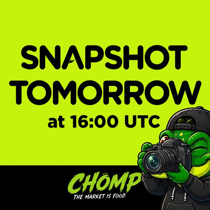 A bright green promotional graphic announces a "SNAPSHOT TOMORROW at 16:00 UTC" with the CHOMP logo and tagline "THE MARKET IS FOOD." A cartoon frog character holding a camera appears in the bottom right, tying into the snapshot announcement for Chomp NFT holders mentioned in the post.