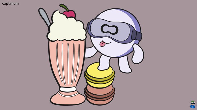 Illustration by 'optimumm' showing a cute white character wearing a purple VR headset standing on a stack of coins next to a tall pink milkshake topped with whipped cream and a cherry.