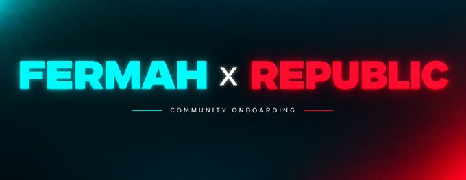 A digital banner displays "FERMAH x REPUBLIC" with "COMMUNITY ONBOARDING" beneath it on a dark gradient background.