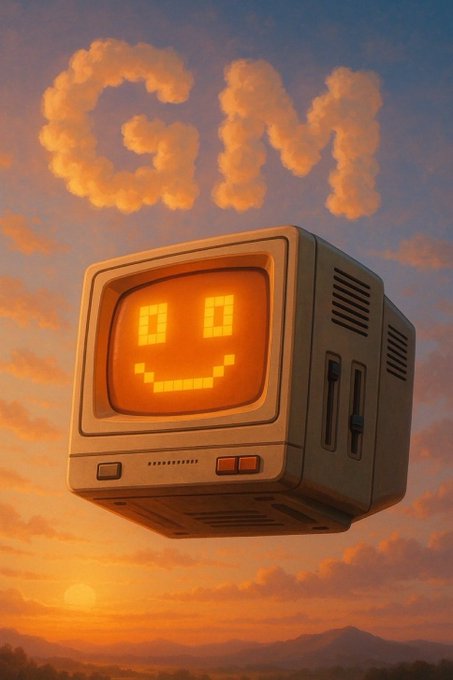 The image features a large white computer monitor with a smiling face drawn on it. The monitor appears to be floating in the air against a backdrop of a sunset, creating an interesting and whimsical scene. The text "Gm Gm Hey" is written above the monitor, which could potentially be related to the post or just part of the image's title.