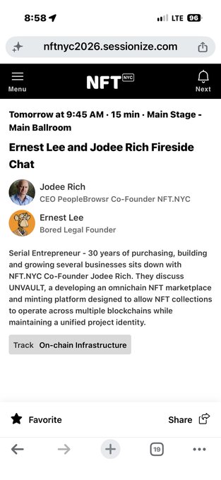A mobile screenshot of the NFT.NYC 2026 sessionize.com page for a "Fireside Chat" between Jodee Rich (CEO PeopleBrowsr, Co-Founder NFT.NYC) and Ernest Lee (Bored Legal Founder), scheduled tomorrow at 9:45 AM for 15 minutes on the Main Stage, discussing UNVAULT, an omnichain NFT marketplace and minting platform designed to allow NFT collections to operate across multiple blockchains.