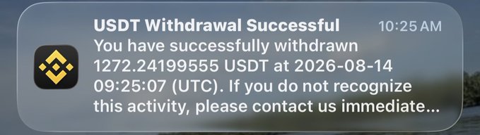 A mobile phone notification from Binance displays 'USDT Withdrawal Successful' at 10:25 AM, confirming the withdrawal of 1272.24199555 USDT at 2026-08-14 09:25:07 (UTC).