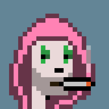 A pixel art illustration of a character with pink hair, green eyes, and a cigarette in their mouth against a blue background.