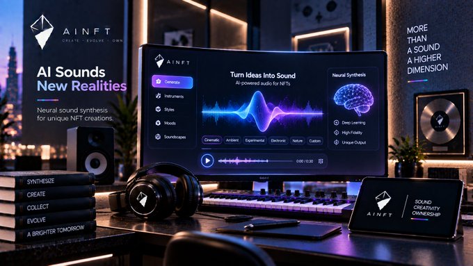 A promotional image for 'AINFT' featuring the text 'AI Sounds New Realities' and 'Turn Ideas Into Sound', showing a digital workstation setup with audio waveforms and neural synthesis options.