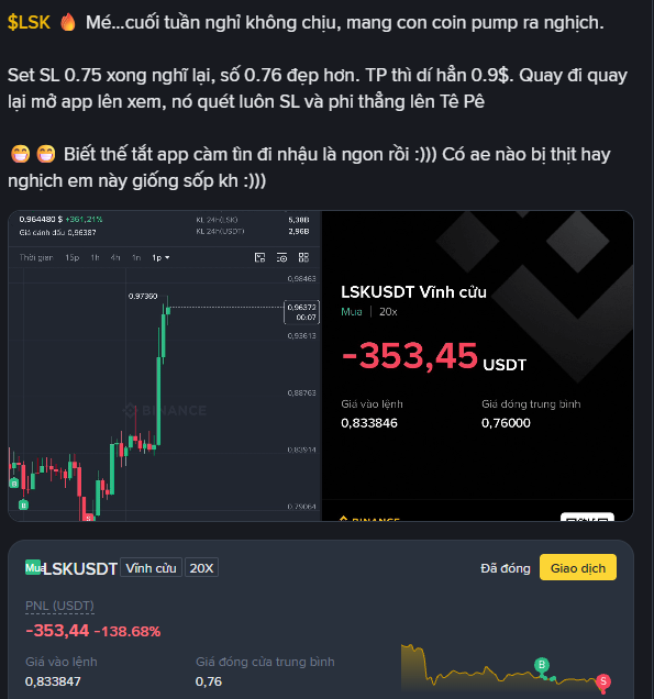 A trader shares a screenshot showing a devastating -353.45 USDT (-138.68%) loss on a 20x leveraged LSK/USDT long position, with a chart depicting the coin's sharp pump to ~0.97 followed by an immediate crash, illustrating the caption's warning about opening a Long at 0.83 right as the price reversed.