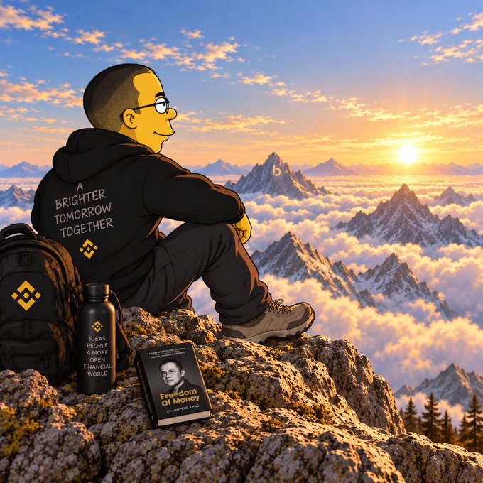 A digital illustration of a cartoon-style man with glasses sitting on a mountain peak above the clouds at sunset, wearing a black hoodie that says 'A BRIGHTER TOMORROW TOGETHER' with Binance logos, accompanied by a backpack, a water bottle reading 'IDEAS PEOPLE KNOW OPEN FINANCIAL WORLD', and a book titled 'Freedom Of Money'.