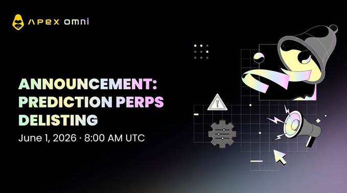 The image shows an announcement for a conference called "Prediction Perps Delisting". The event took place on June 1, 2026 at 8:00AM. It was posted via social media, with a caption that reads "预测永续合约下架公告 ApeX 将于 预测日期前关闭您的持仓。任何未平仓头寸将由系统自动结算。".