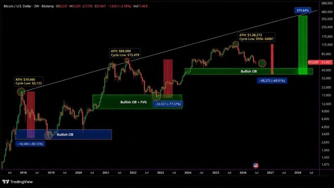A Bitcoin (BTC) weekly chart on Binance showing historical price cycles with annotations marking previous All-Time Highs ($19,666, $69,000, $124,372) and subsequent cycle lows, alongside projected "Bullish OB" support zones around $45,000-$50,000 where the post suggests BTC could pull back before its next potential rally toward $973,684.