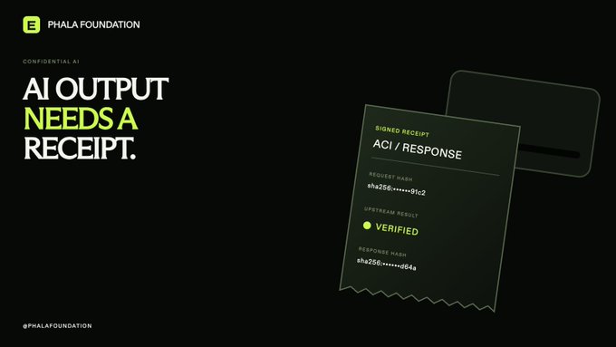 A promotional graphic for 'PHALA FOUNDATION' with the headline 'AI OUTPUT NEEDS A RECEIPT' and a visual of a signed receipt displaying 'ACI / RESPONSE' with 'VERIFIED' status.
