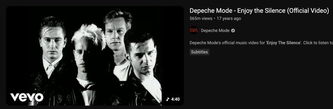 A YouTube screenshot of Depeche Mode's 'Enjoy the Silence (Official Video)' with 565m views from 17 years ago, showing the four band members in black and white.