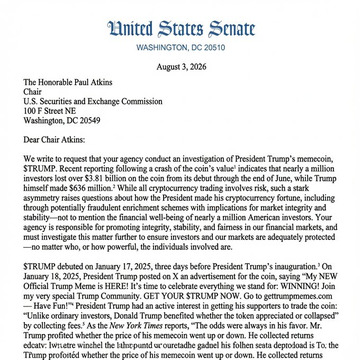 This image shows a letter dated August 3, 2026, from U.S. Senators Elizabeth Warren and Richard Blumenthal addressed to SEC Chair Paul Atkins at the U.S. Securities and Exchange Commission in Washington, DC 20549. The letter formally requests an investigation into President Trump's $TRUMP memecoin, citing concerns about nearly a million investors losing over $3.8 billion, and alleged "cryptocurrency trading involves risk, such a stark asymmetry raises questions about how the President made his cryptocurrency fortune."