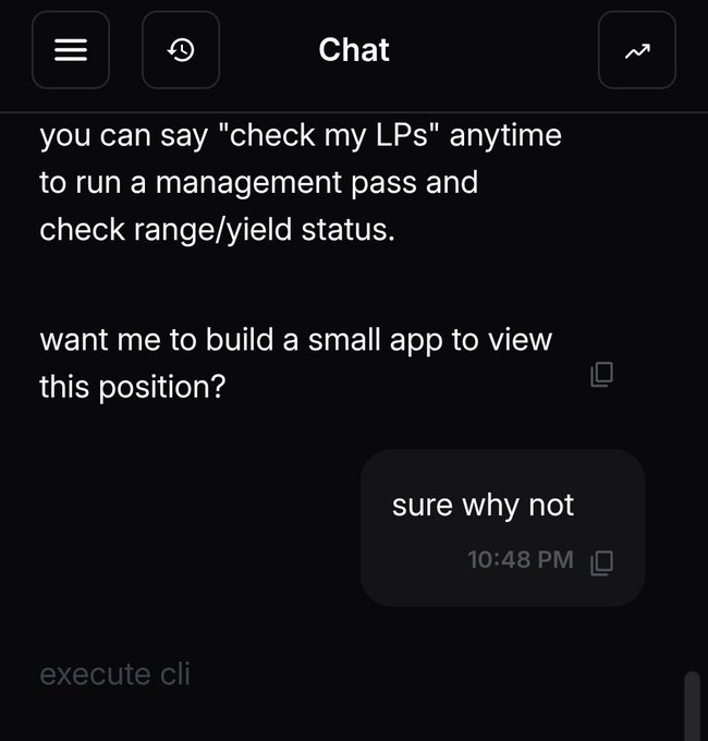 A mobile chat interface showing messages about checking liquidity positions, with a reply 'sure why not' at 10:48 PM.