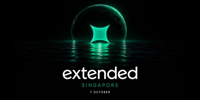 A promotional graphic for Extended Singapore features a glowing green diamond-shaped logo within a crescent moon over reflective water, with the text "extended SINGAPORE 7 OCTOBER" displayed below—announcing the team's community meetup at Token2049.