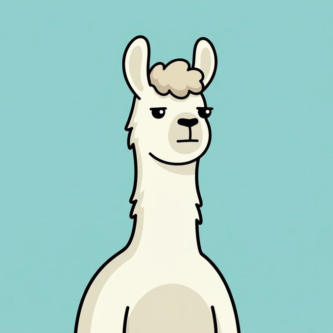 A cartoon illustration of a white llama with a smug, indifferent expression on a turquoise background, capturing the "I genuinely don't care" personality mentioned in the post teasing the Llama District NFT collection on Hyperliquid.