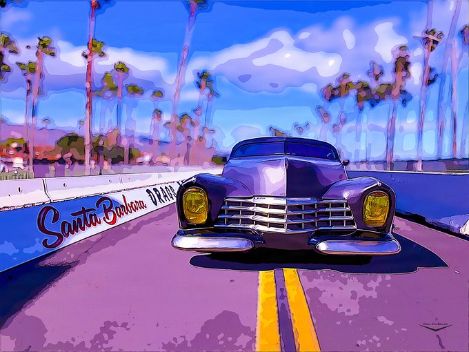 A vibrant pop-art style illustration depicts a classic purple car driving down a road labeled 'Santa Barbara Drive' lined with palm trees against a blue sky.