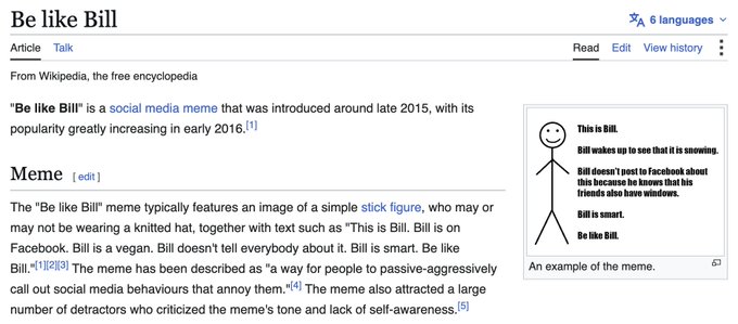 A Wikipedia article titled 'Be like Bill' describing the social media meme introduced in late 2015, featuring a stick figure example with text about Bill being smart and not posting on Facebook.