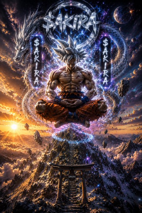 A fantasy artwork depicting Goku in Ultra Instinct form meditating in lotus position, surrounded by a glowing dragon and the name 'SAKIRA' displayed prominently in stylized text.