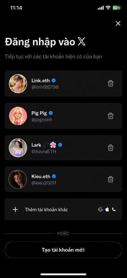 A mobile screenshot of an X (Twitter) login screen in Vietnamese showing four existing accounts: Link.eth (@linh180796), Pig Pig (@pigrichh), Lark (@AzuraETH), and Kieu.eth (@kieu20011), with options to add another account or create a new one.