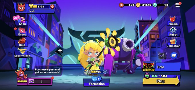A mobile game screenshot featuring a blonde anime-style character holding a sunflower weapon in a purple city environment, with UI elements including Shop, Event, Raid, Villain, Robot, and Collection menus, and a Play button.