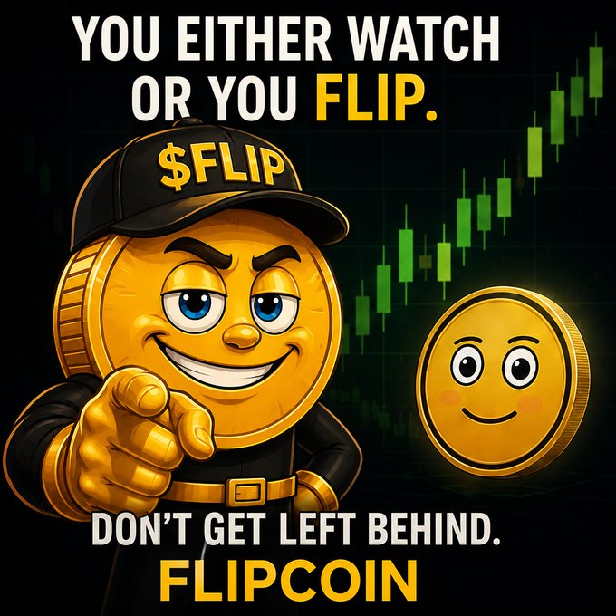 A promotional graphic for 'FLIPCOIN' featuring a cartoon gold coin character wearing a '$FLIP' cap, with the text 'YOU EITHER WATCH OR YOU FLIP' and 'DON'T GET LEFT BEHIND' against a candlestick chart background.