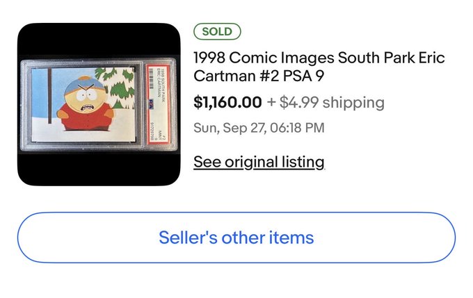 An online listing screenshot showing a sold 1998 Comic Images South Park Eric Cartman #2 PSA 9 card for $1,160.00 plus $4.99 shipping.
