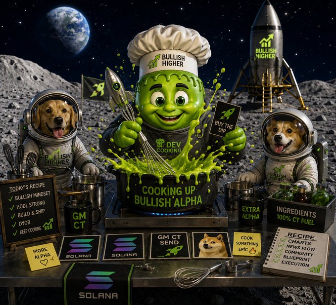 A digital illustration of a green alien chef cooking 'Bullish Alpha' in a cauldron, surrounded by dogs in spacesuits and Solana/cook-themed cards.